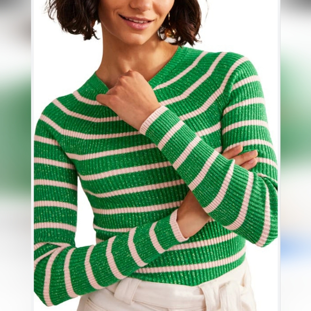 BODEN Effie Sparkle Stripe Sweater In Meadow Green, Chalky Pink Medium